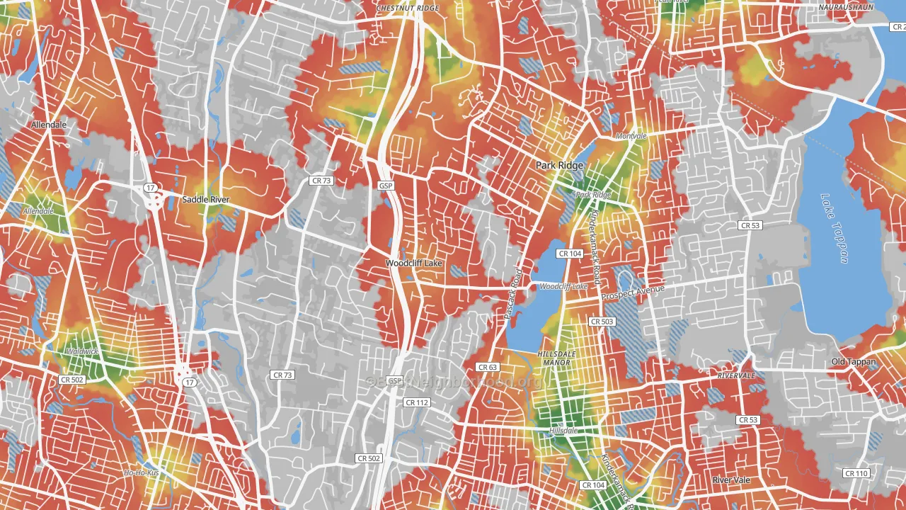 Walk Grade map of Woodcliff Lake, NJ, walkable areas in green and car-dependent areas in red