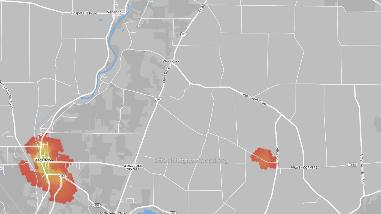Walk Grade map of Woodcock, PA, walkable areas in green and car-dependent areas in red