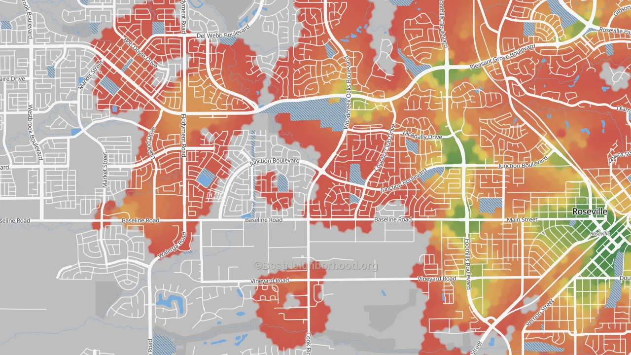 Walk Grade map of Woodcreek Oaks, Roseville, CA, walkable areas in green and car-dependent areas in red