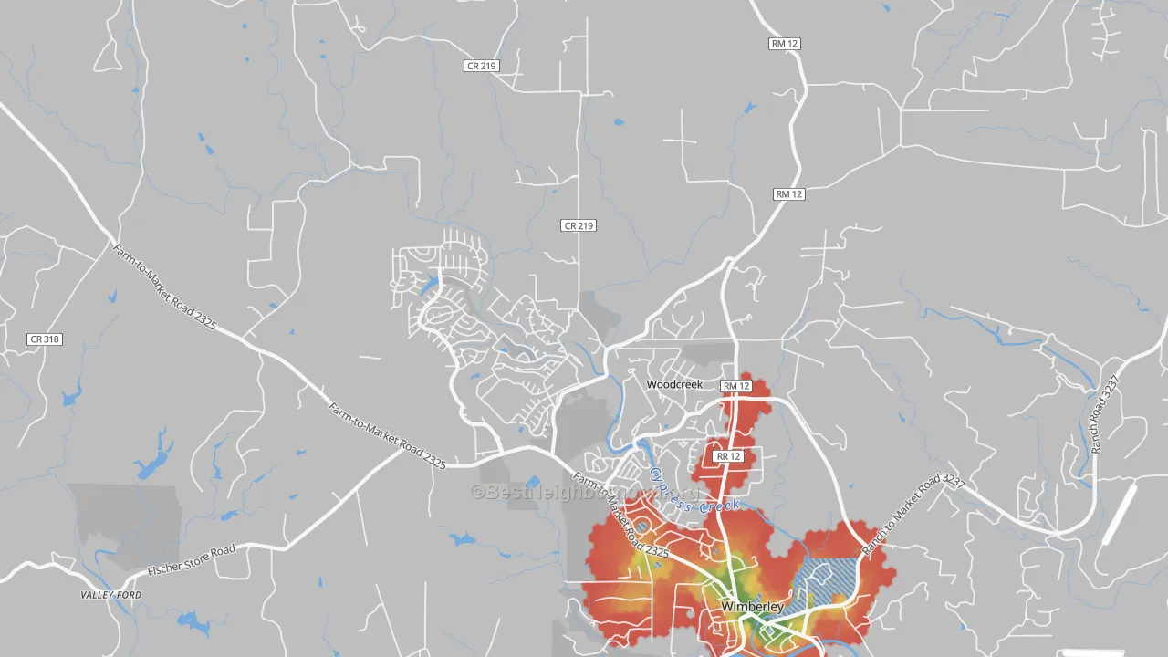 Walk Grade map of Woodcreek, TX, walkable areas in green and car-dependent areas in red