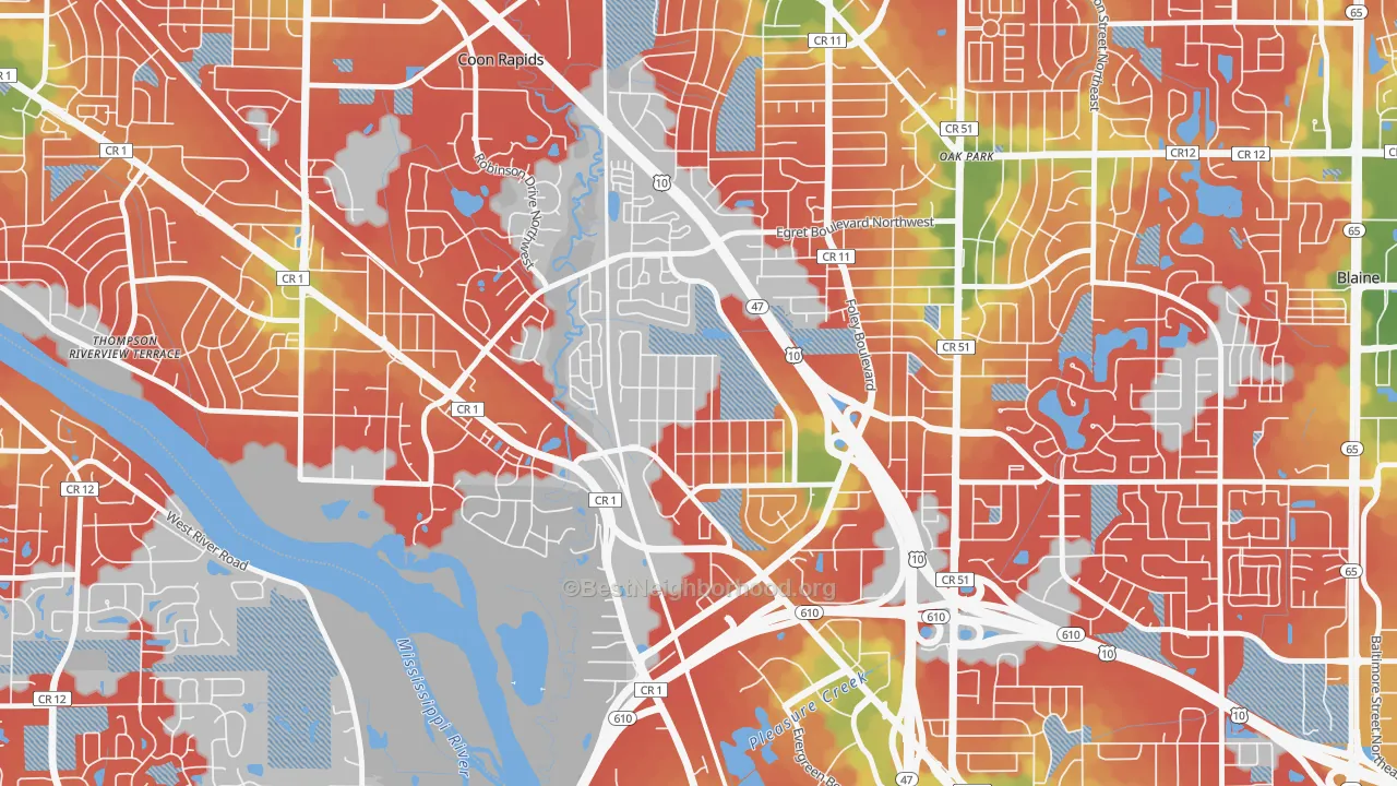 Walk Grade map of Woodcrest, Coon Rapids, MN, walkable areas in green and car-dependent areas in red