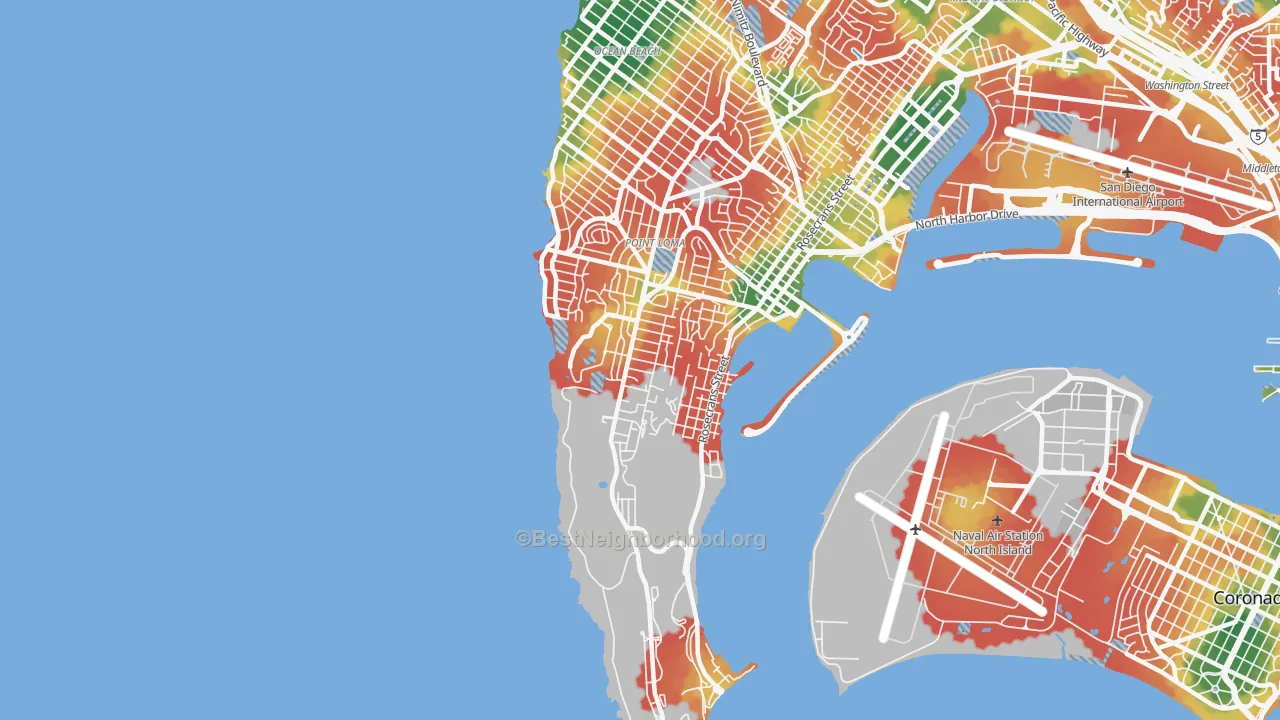 Walk Grade map of Wooded Area, San Diego, CA, walkable areas in green and car-dependent areas in red