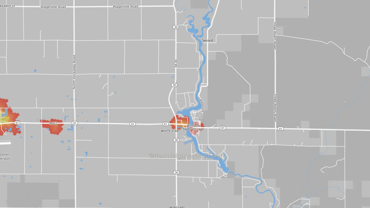 Walk Grade map of Wooden Shoe Village, MI, walkable areas in green and car-dependent areas in red