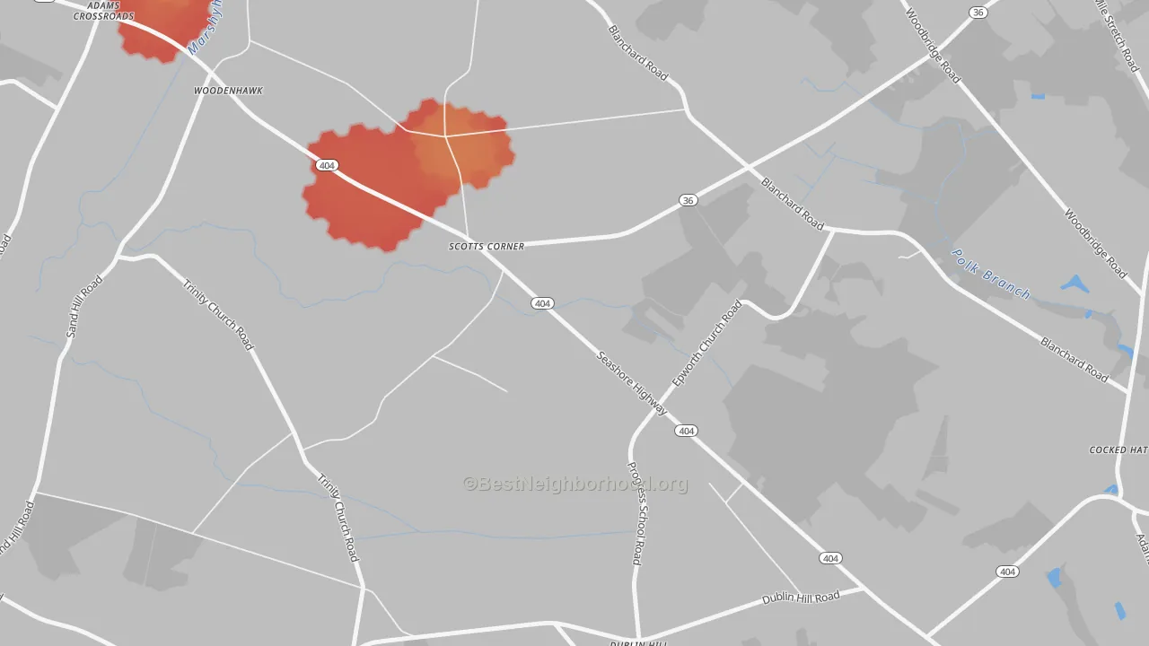 Walk Grade map of Woodenhawk, DE, walkable areas in green and car-dependent areas in red