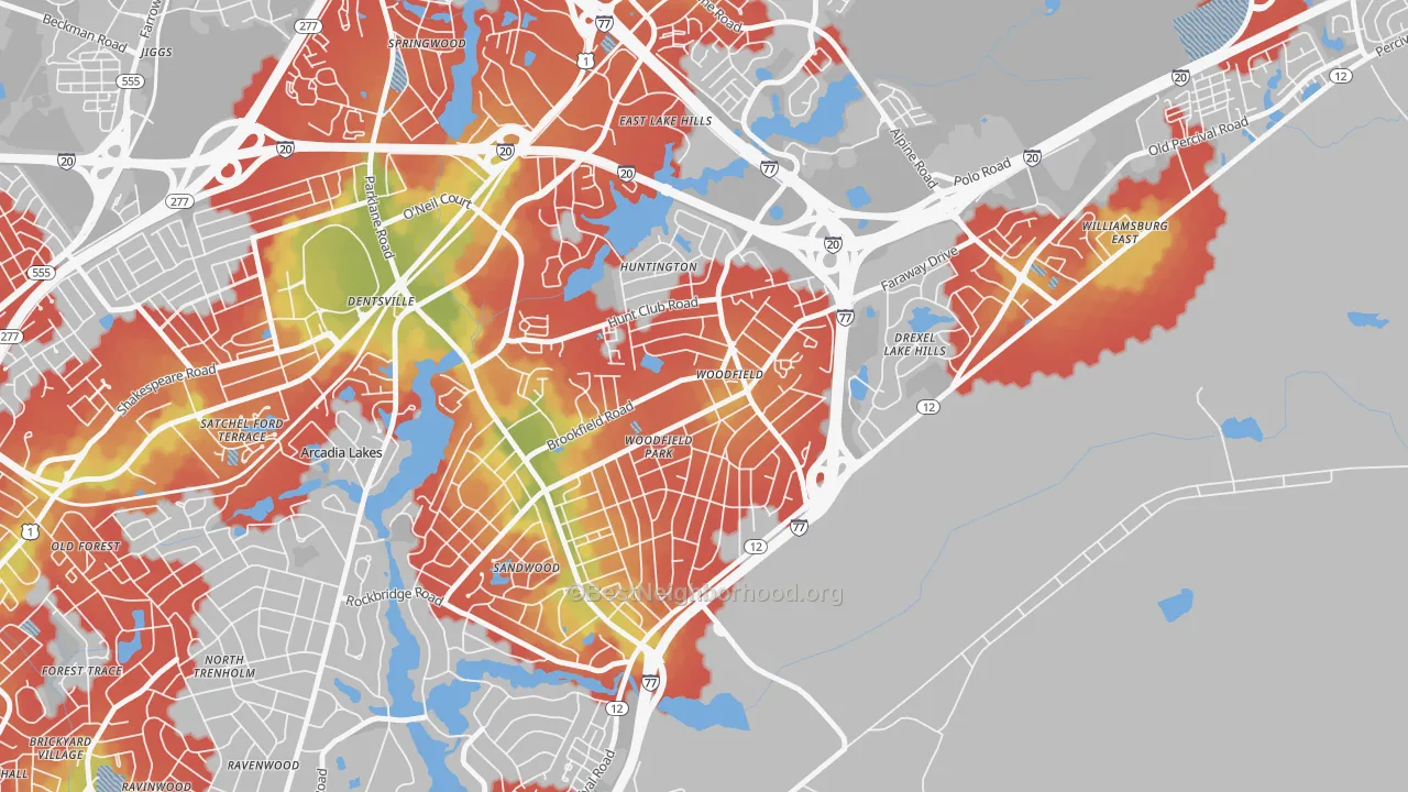 Walk Grade map of Woodfield, SC, walkable areas in green and car-dependent areas in red