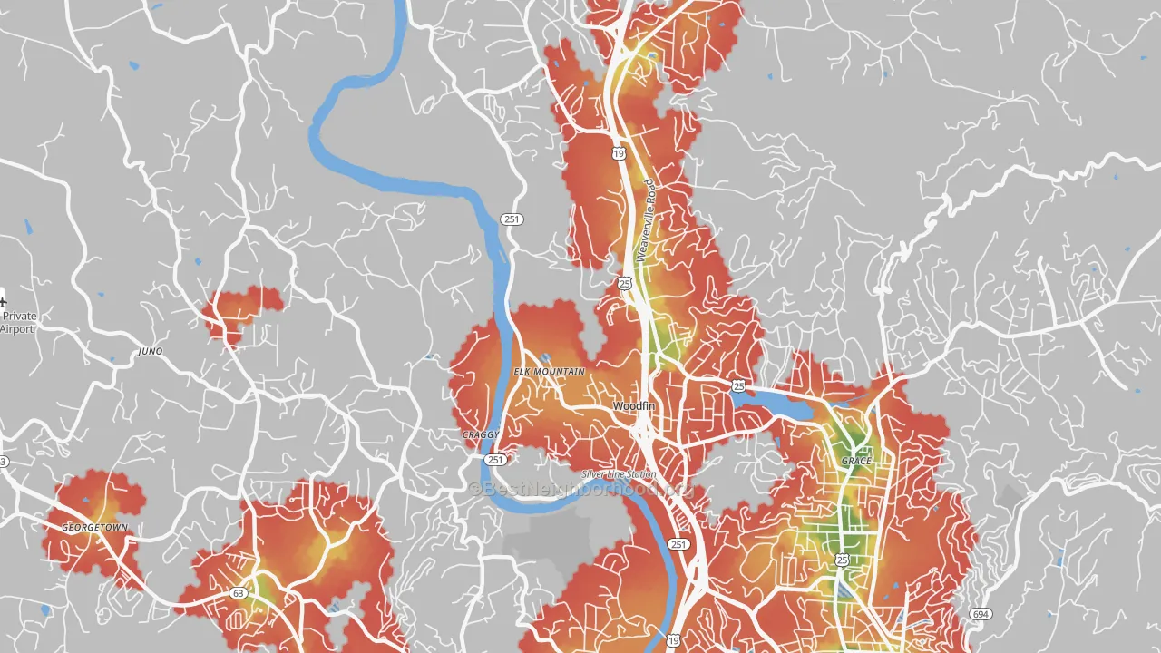 Walk Grade map of Woodfin, NC, walkable areas in green and car-dependent areas in red