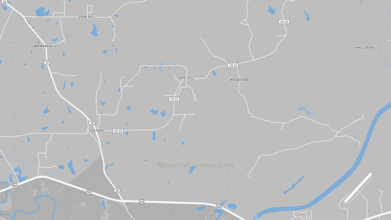 Walk Grade map of Woodford, AL, walkable areas in green and car-dependent areas in red
