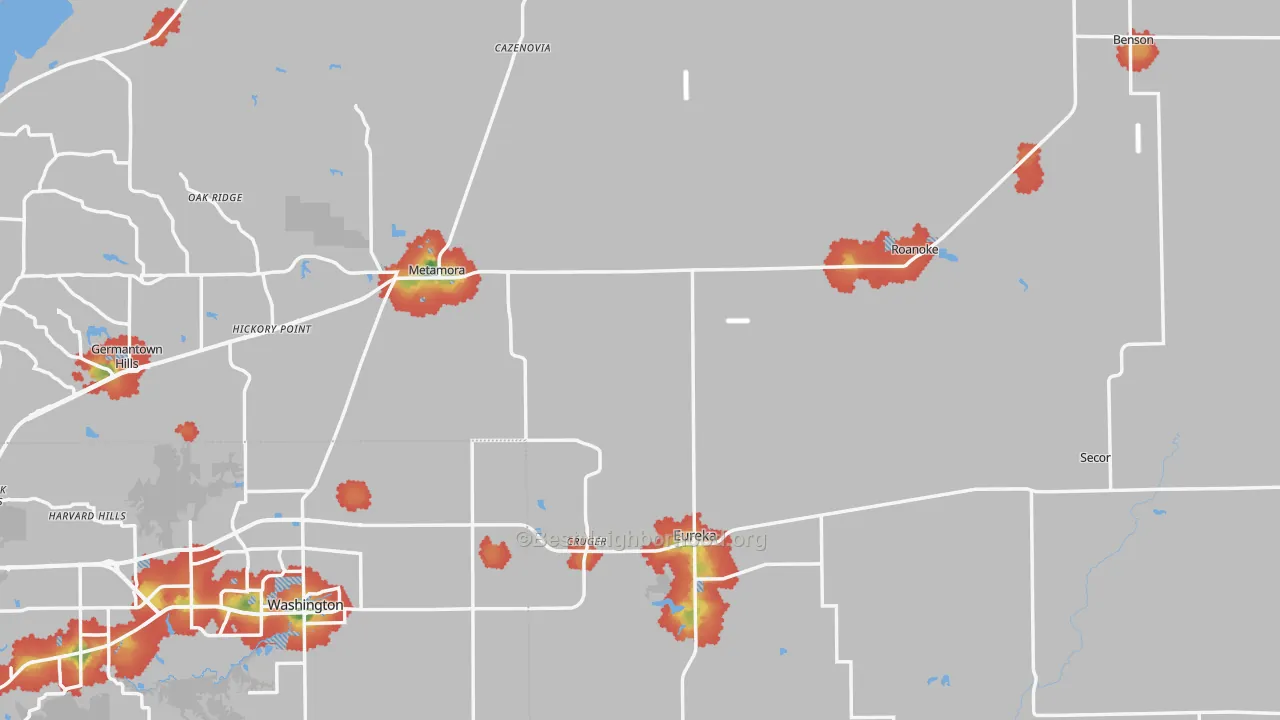 Walk Grade map of Woodford County, IL, walkable areas in green and car-dependent areas in red