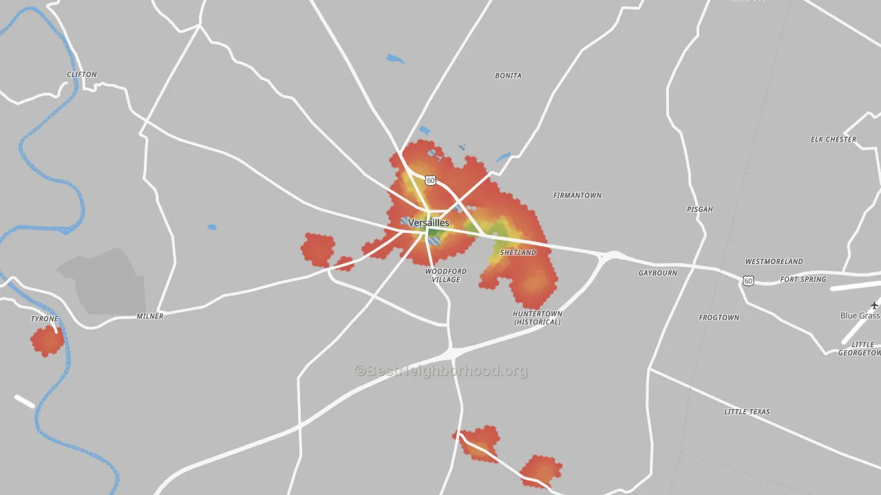 Walk Grade map of Woodford County, KY, walkable areas in green and car-dependent areas in red