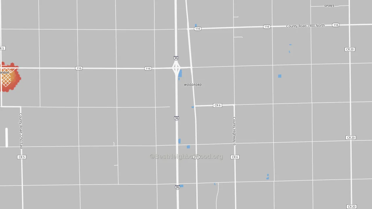 Walk Grade map of Woodford, IL, walkable areas in green and car-dependent areas in red