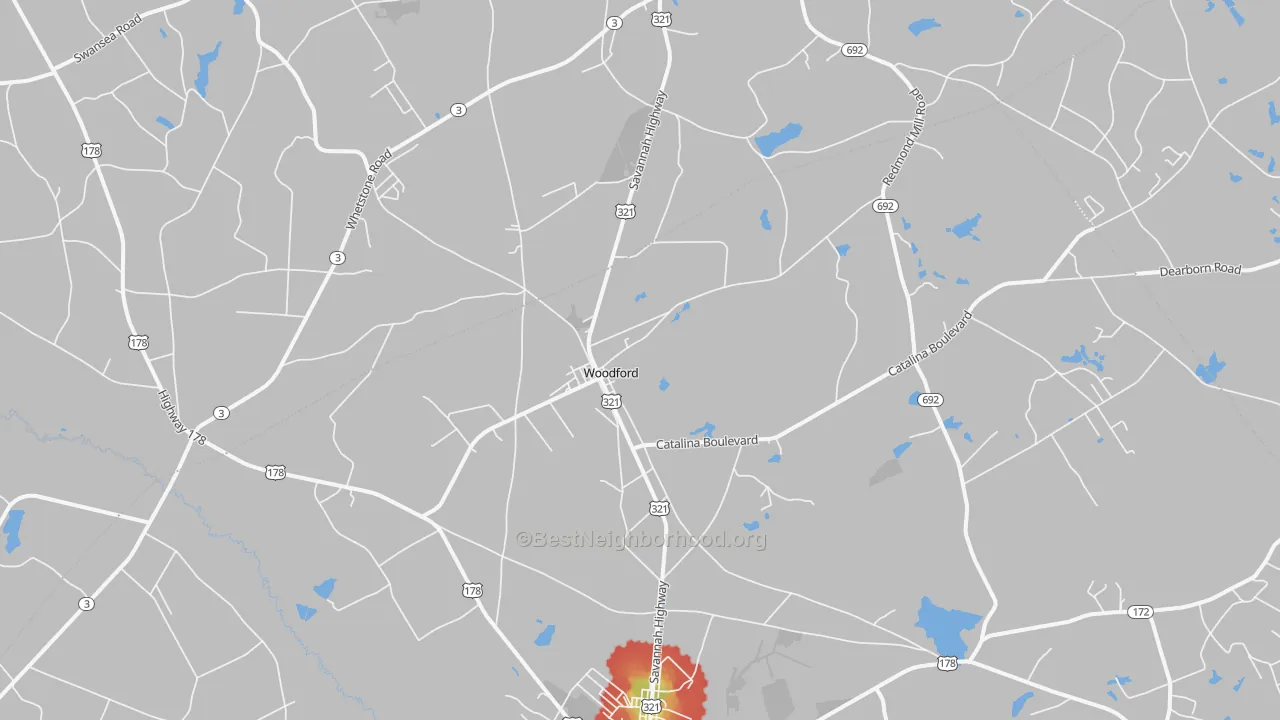 Walk Grade map of Woodford, SC, walkable areas in green and car-dependent areas in red