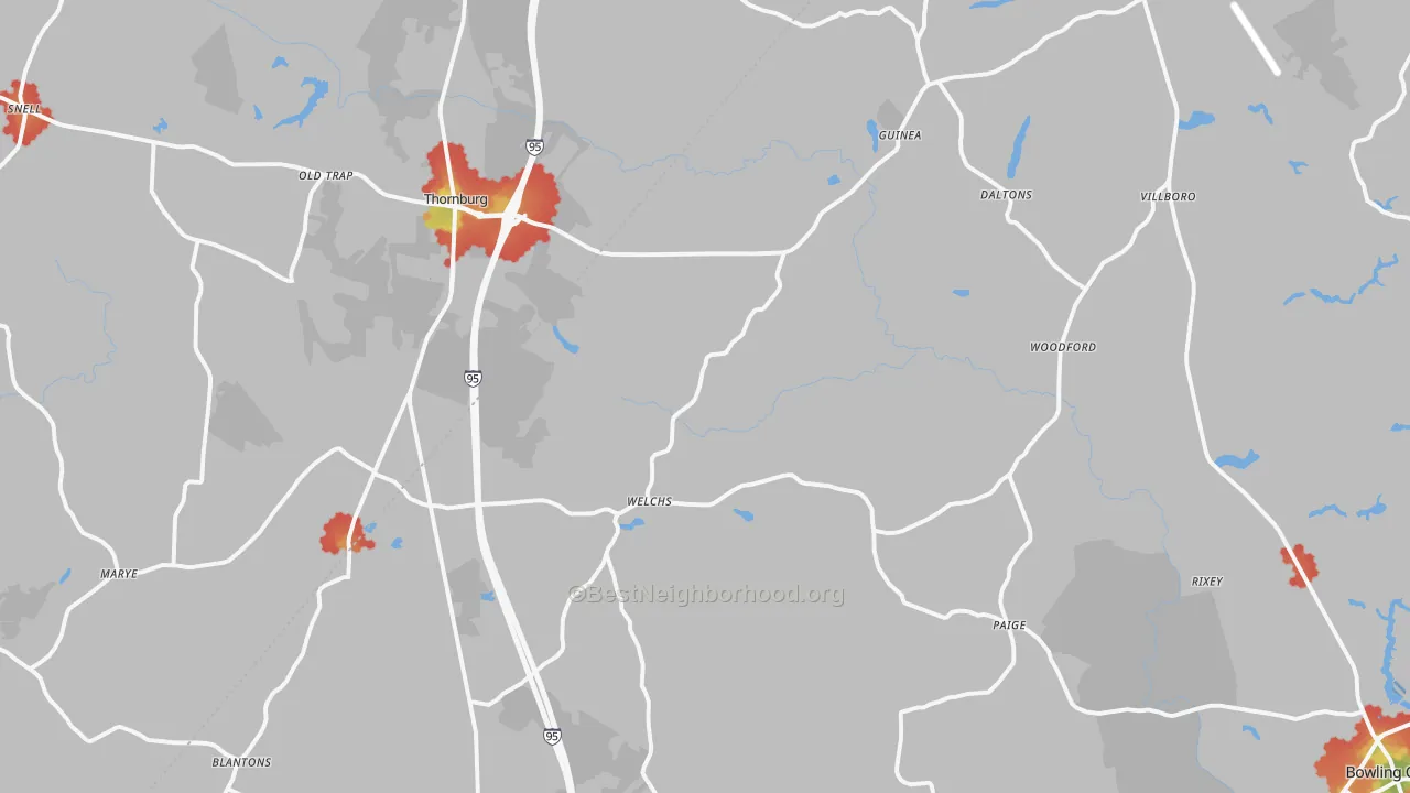 Walk Grade map of Woodford, VA, walkable areas in green and car-dependent areas in red