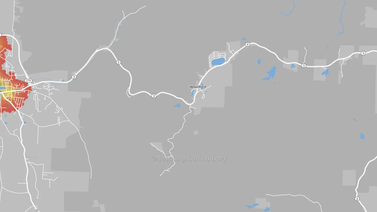 Walk Grade map of Woodford, VT, walkable areas in green and car-dependent areas in red