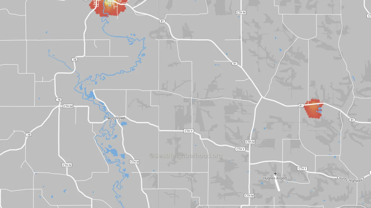 Walk Grade map of Woodford, WI, walkable areas in green and car-dependent areas in red