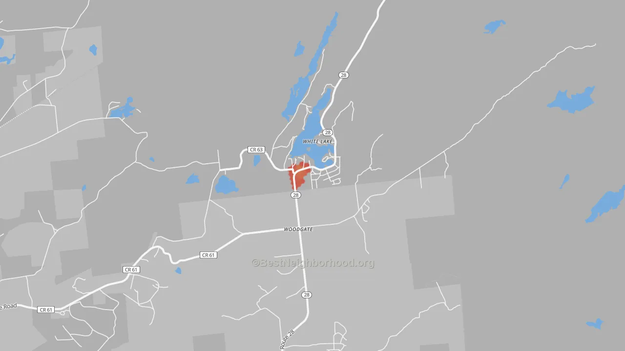 Walk Grade map of Woodgate, NY, walkable areas in green and car-dependent areas in red