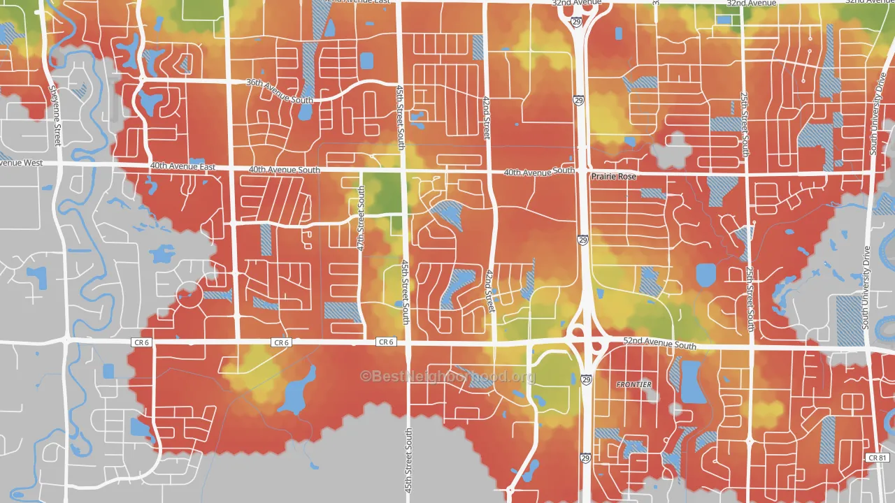Walk Grade map of Woodhaven, Fargo, ND, walkable areas in green and car-dependent areas in red