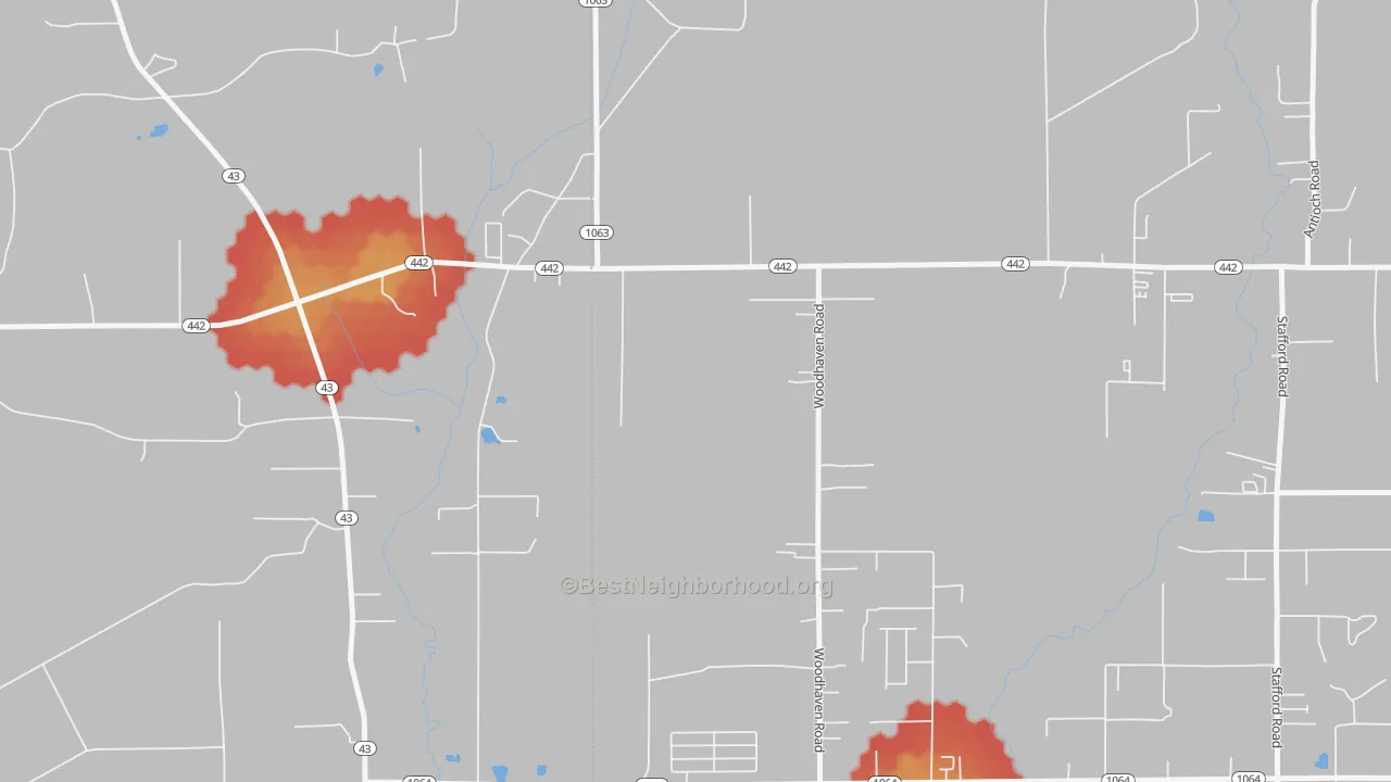 Walk Grade map of Woodhaven, LA, walkable areas in green and car-dependent areas in red