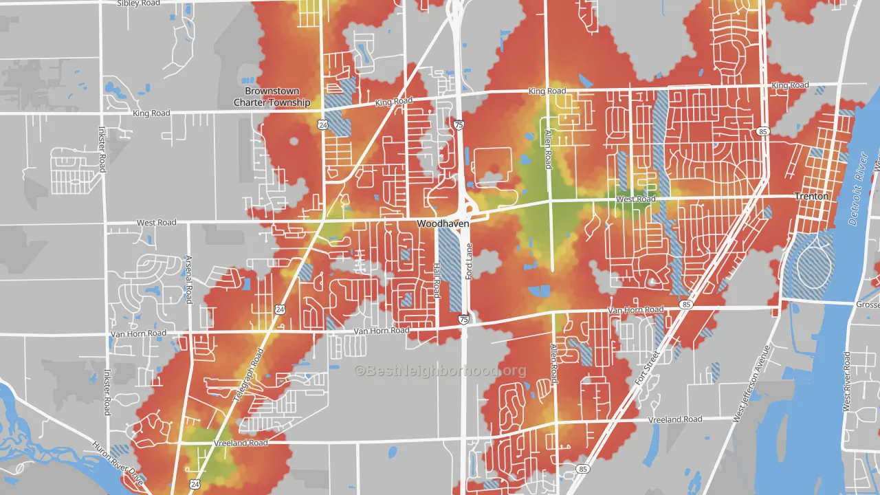 Walk Grade map of Woodhaven, MI, walkable areas in green and car-dependent areas in red
