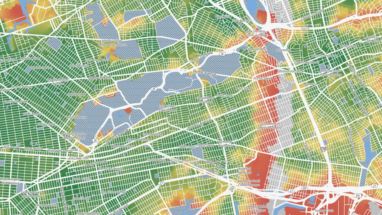 Walk Grade map of Woodhaven, Queens, NY, walkable areas in green and car-dependent areas in red