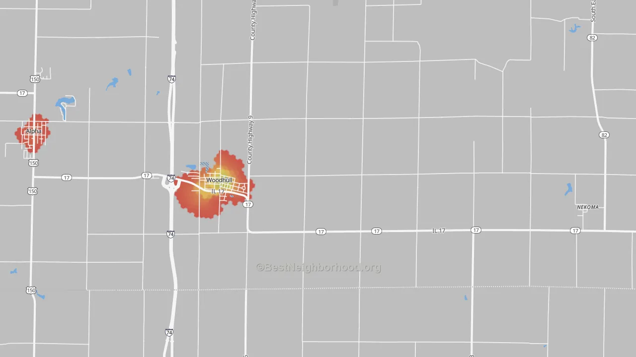 Walk Grade map of Woodhull, IL, walkable areas in green and car-dependent areas in red