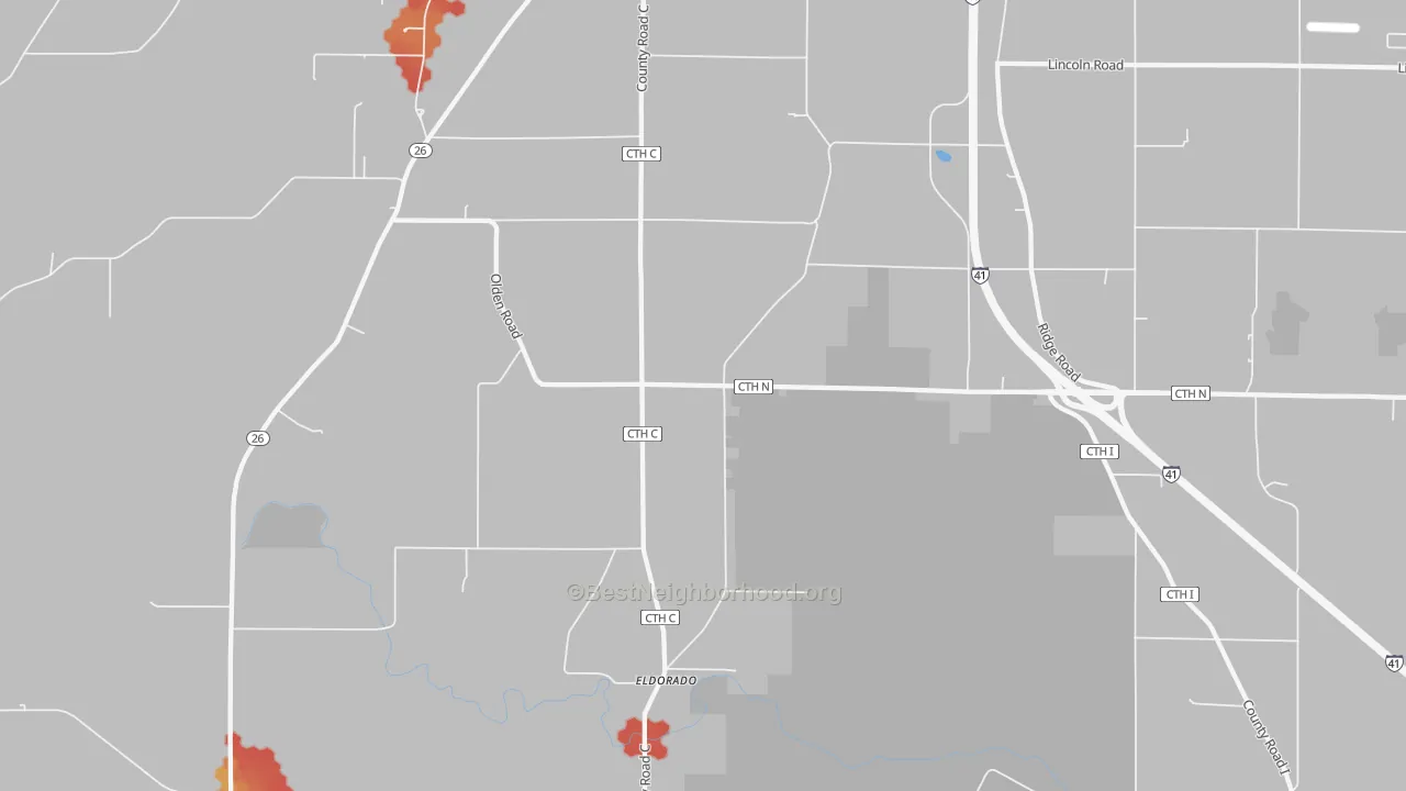 Walk Grade map of Woodhull, WI, walkable areas in green and car-dependent areas in red