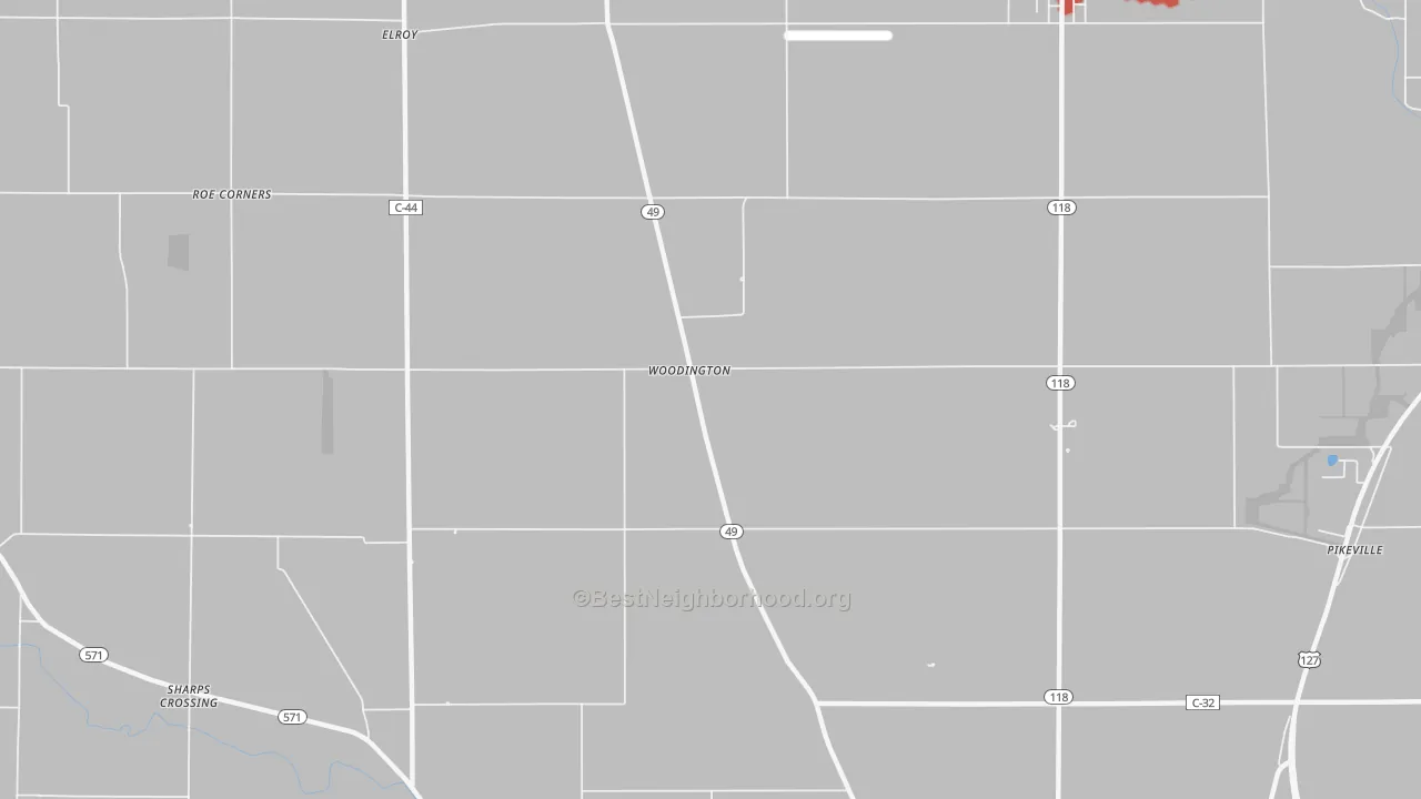 Walk Grade map of Woodington, OH, walkable areas in green and car-dependent areas in red
