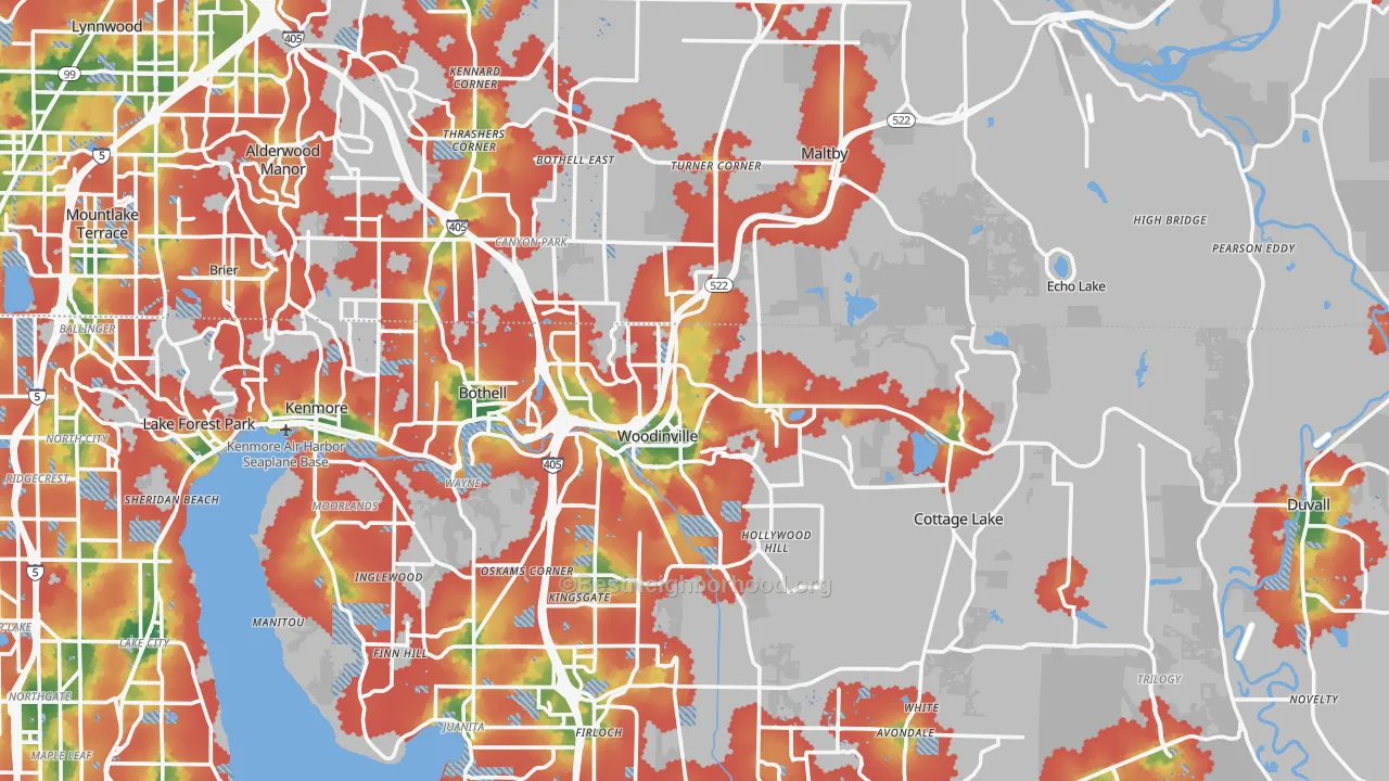 Walk Grade map of Woodinville, WA, walkable areas in green and car-dependent areas in red