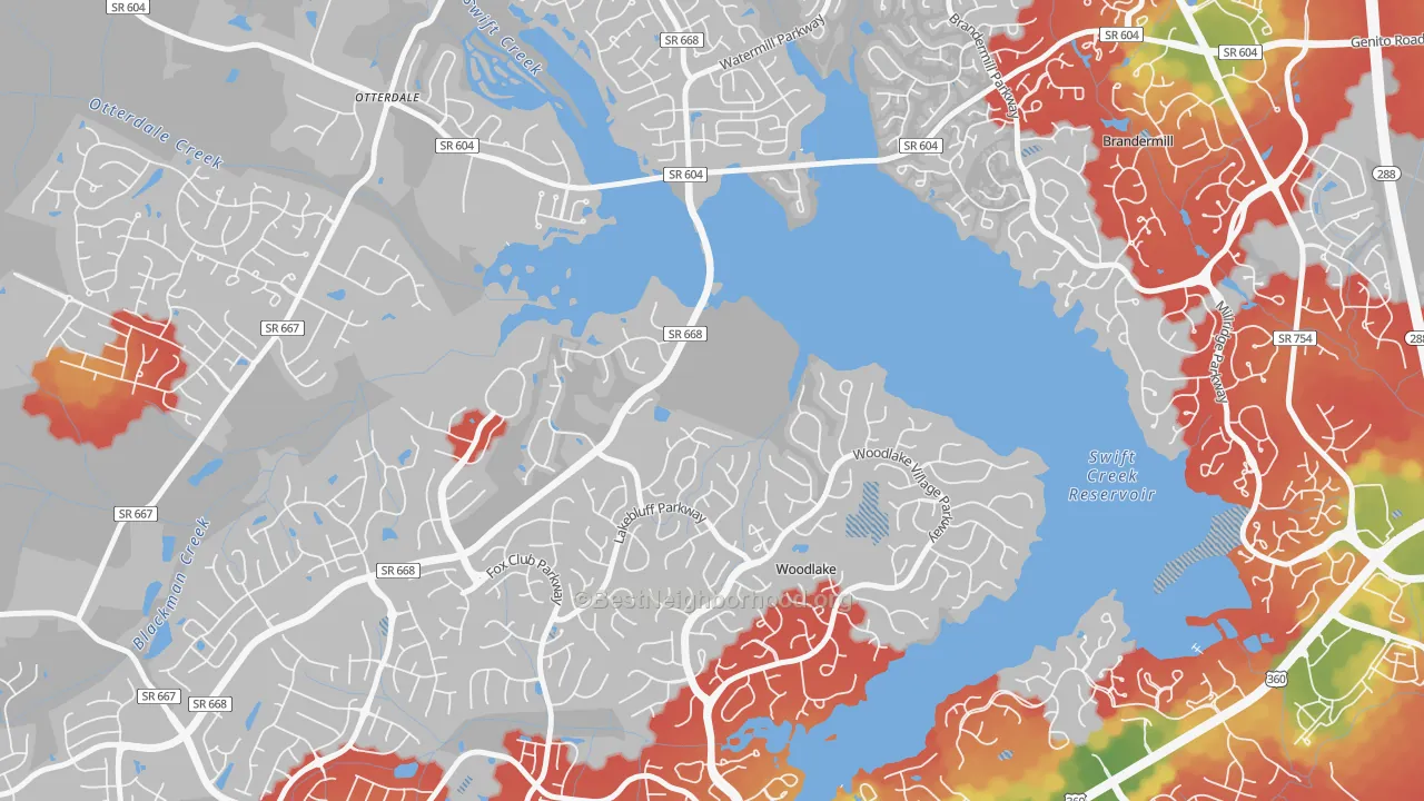 Walk Grade map of Woodlake, VA, walkable areas in green and car-dependent areas in red