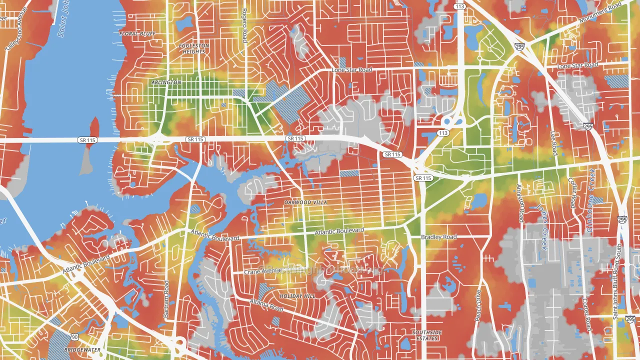 Walk Grade map of Woodland Acres, Jacksonville, FL, walkable areas in green and car-dependent areas in red