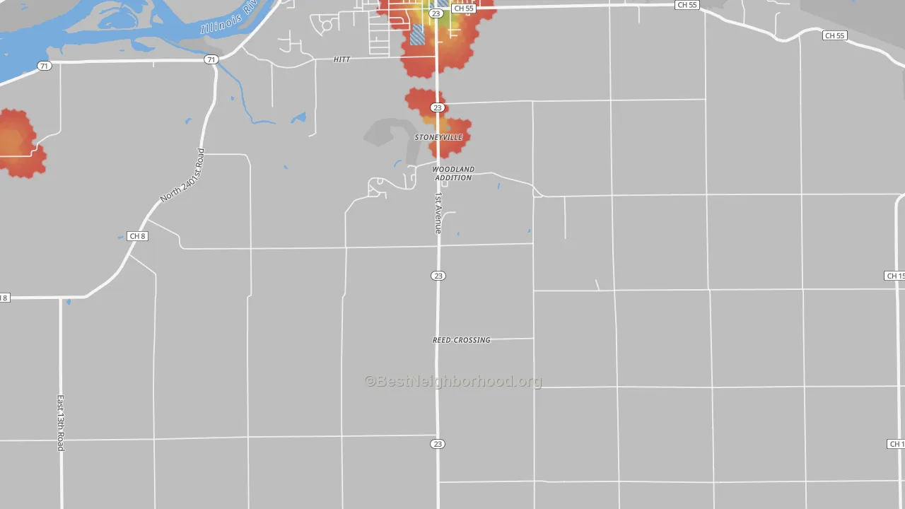 Walk Grade map of Woodland Addition, IL, walkable areas in green and car-dependent areas in red