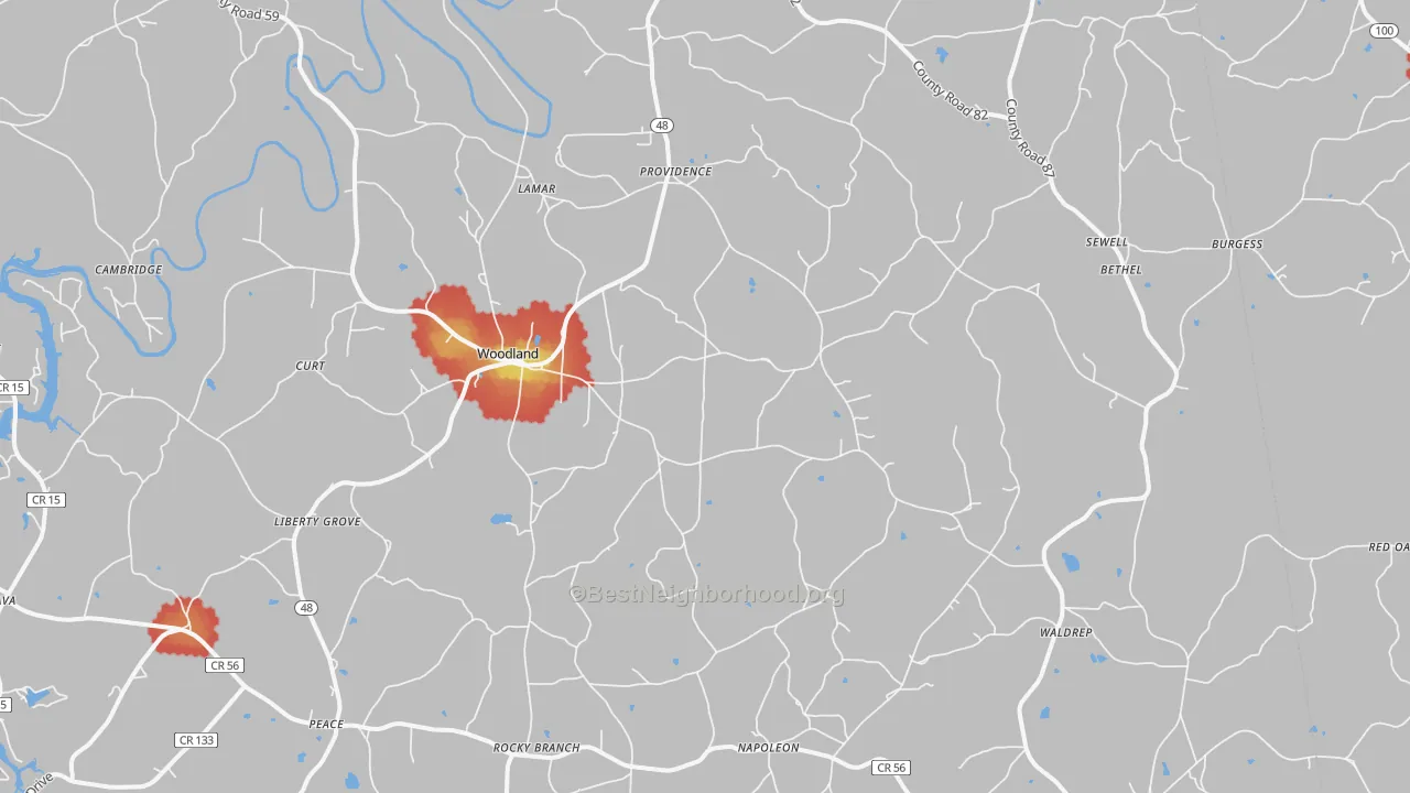 Walk Grade map of Woodland, AL, walkable areas in green and car-dependent areas in red