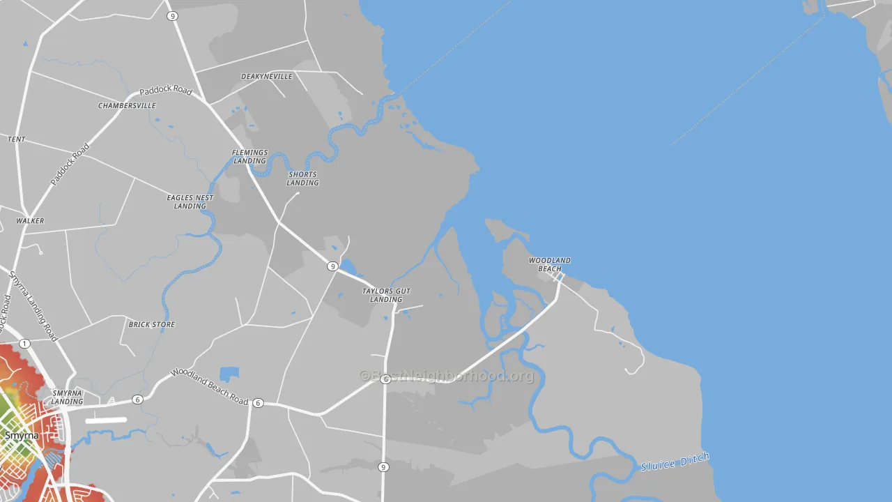 Walk Grade map of Woodland Beach, DE, walkable areas in green and car-dependent areas in red