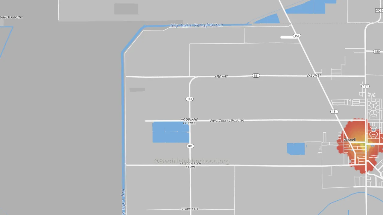 Walk Grade map of Woodland Corner, AR, walkable areas in green and car-dependent areas in red