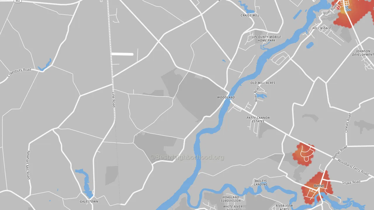 Walk Grade map of Woodland, DE, walkable areas in green and car-dependent areas in red