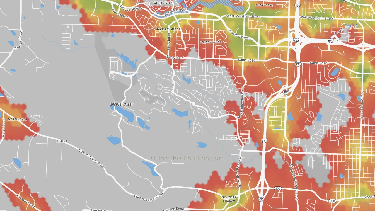 Walk Grade map of Woodland Edge, Little Rock, AR, walkable areas in green and car-dependent areas in red