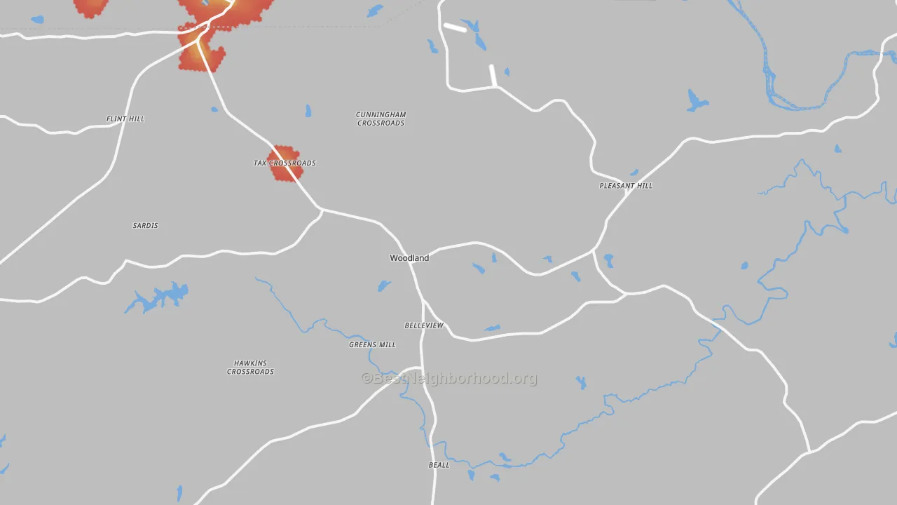 Walk Grade map of Woodland, GA, walkable areas in green and car-dependent areas in red