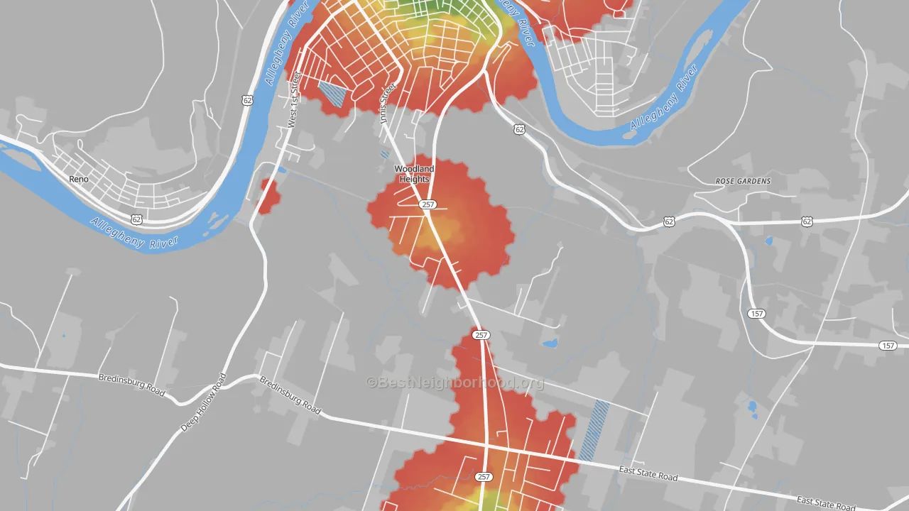Walk Grade map of Woodland Heights, PA, walkable areas in green and car-dependent areas in red