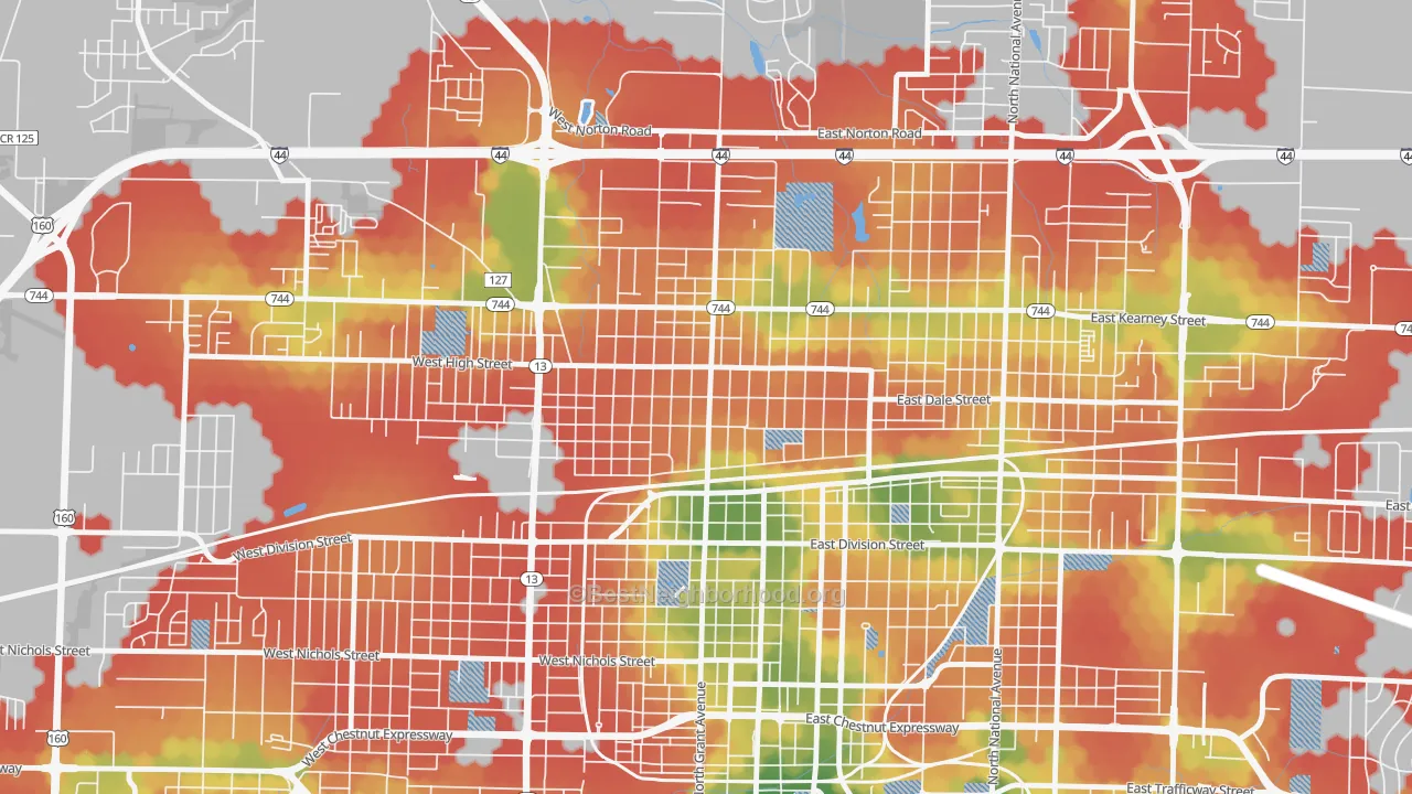Walk Grade map of Woodland Heights, Springfield, MO, walkable areas in green and car-dependent areas in red