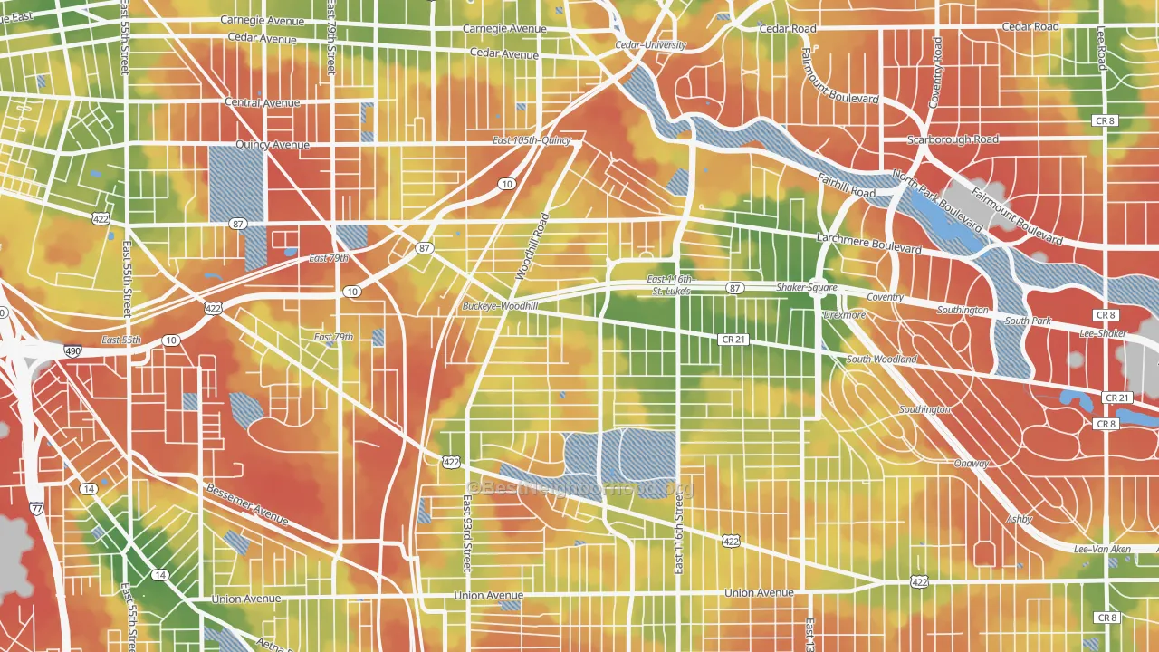 Walk Grade map of Woodland Hills, Cleveland, OH, walkable areas in green and car-dependent areas in red