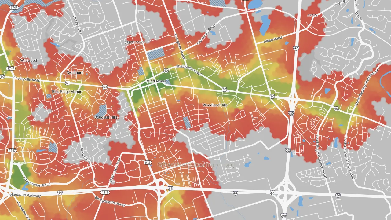 Walk Grade map of Woodland Hills, KY, walkable areas in green and car-dependent areas in red