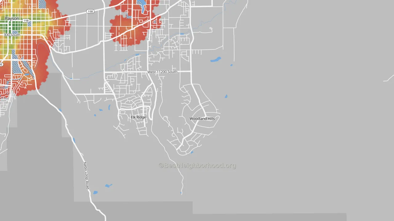 Walk Grade map of Woodland Hills, UT, walkable areas in green and car-dependent areas in red