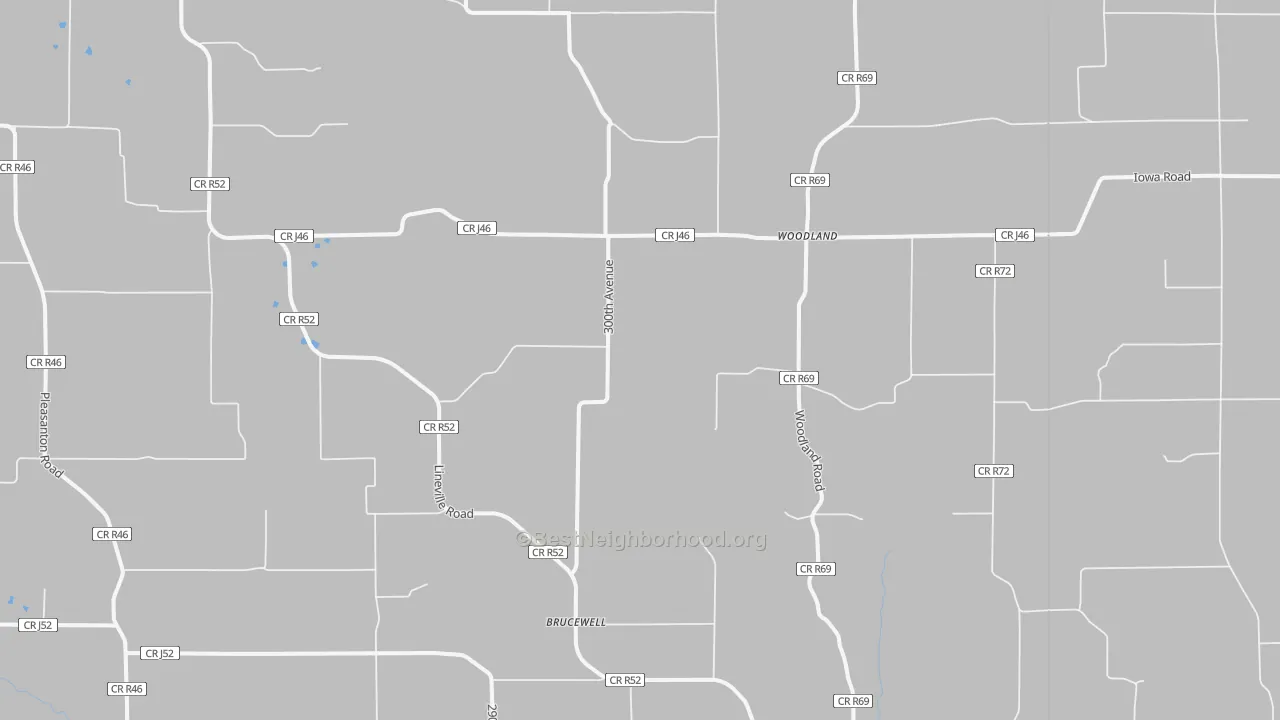 Walk Grade map of Woodland, IA, walkable areas in green and car-dependent areas in red