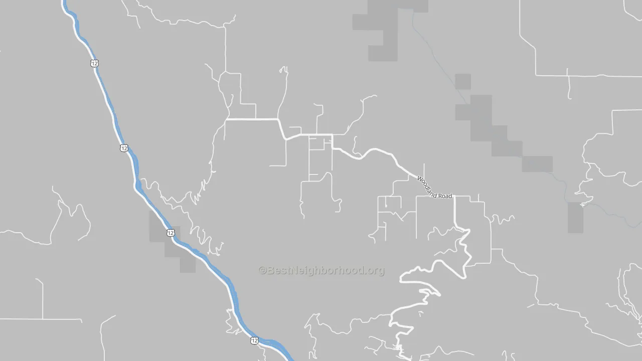 Walk Grade map of Woodland, ID, walkable areas in green and car-dependent areas in red