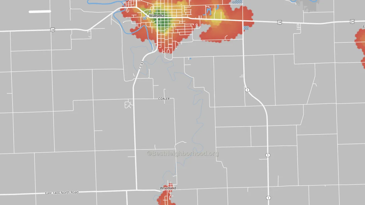 Walk Grade map of Woodland, IL, walkable areas in green and car-dependent areas in red