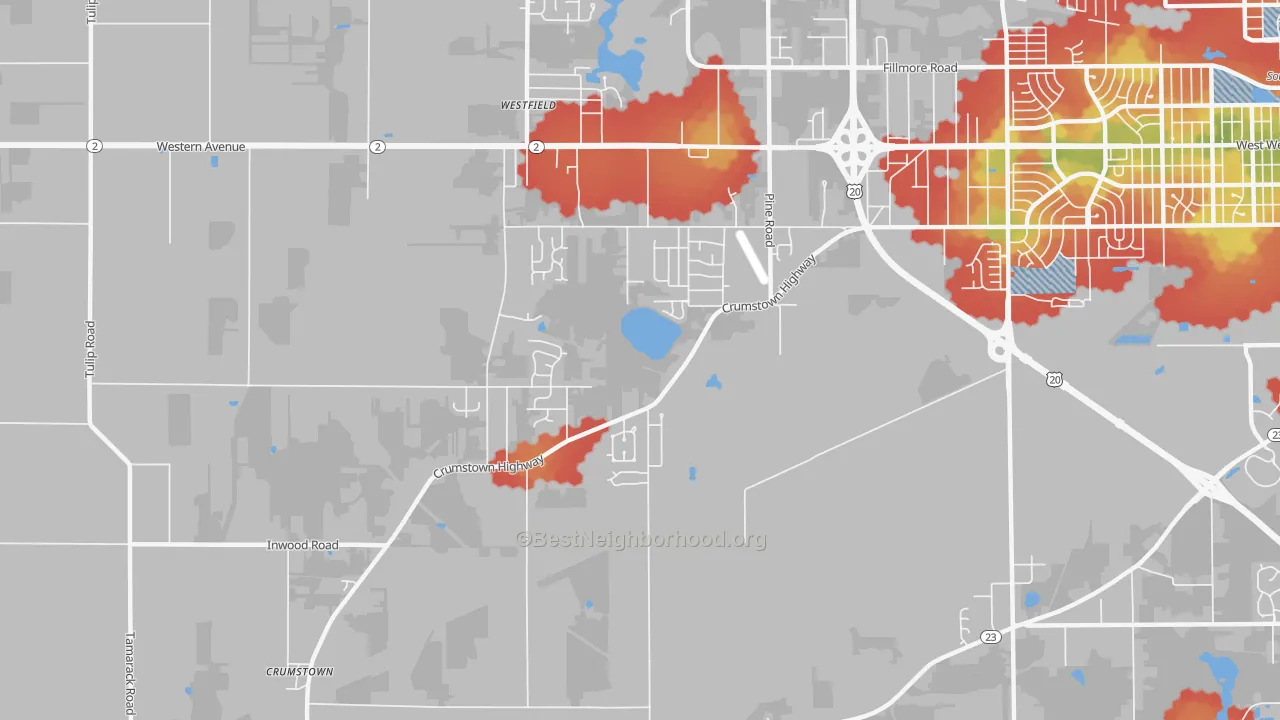 Walk Grade map of Woodland, IN, walkable areas in green and car-dependent areas in red