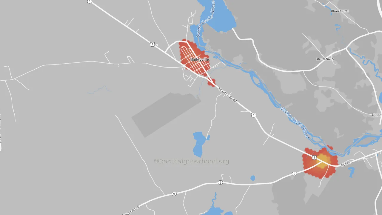 Walk Grade map of Woodland, ME, walkable areas in green and car-dependent areas in red