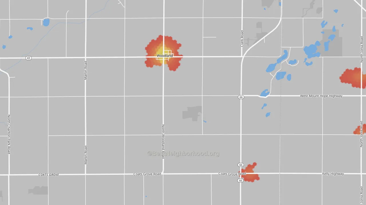 Walk Grade map of Woodland, MI, walkable areas in green and car-dependent areas in red