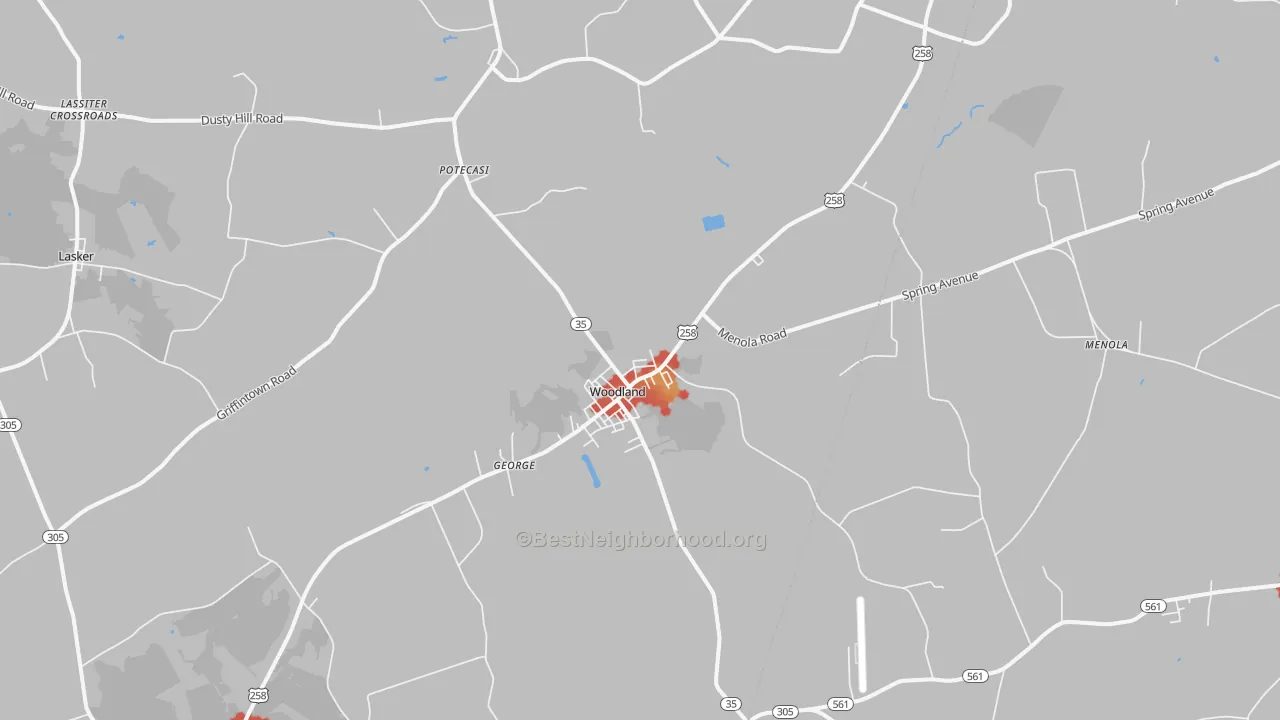Walk Grade map of Woodland, NC, walkable areas in green and car-dependent areas in red