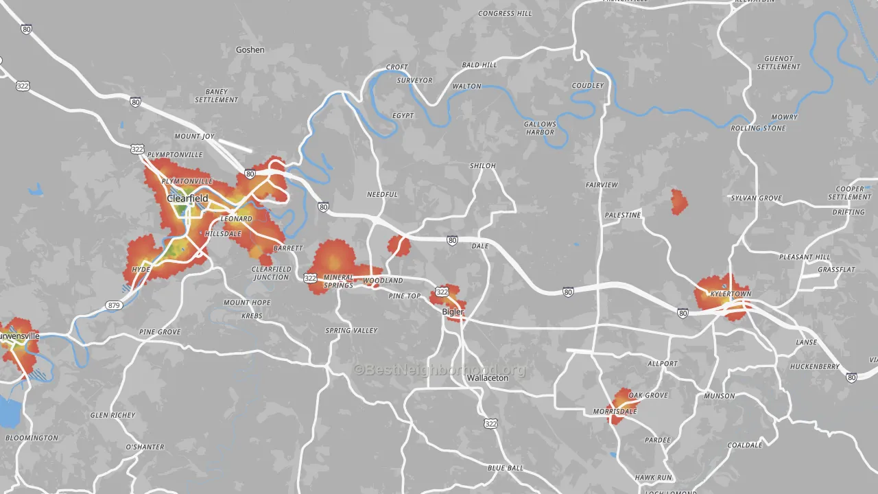 Walk Grade map of Woodland, PA, walkable areas in green and car-dependent areas in red