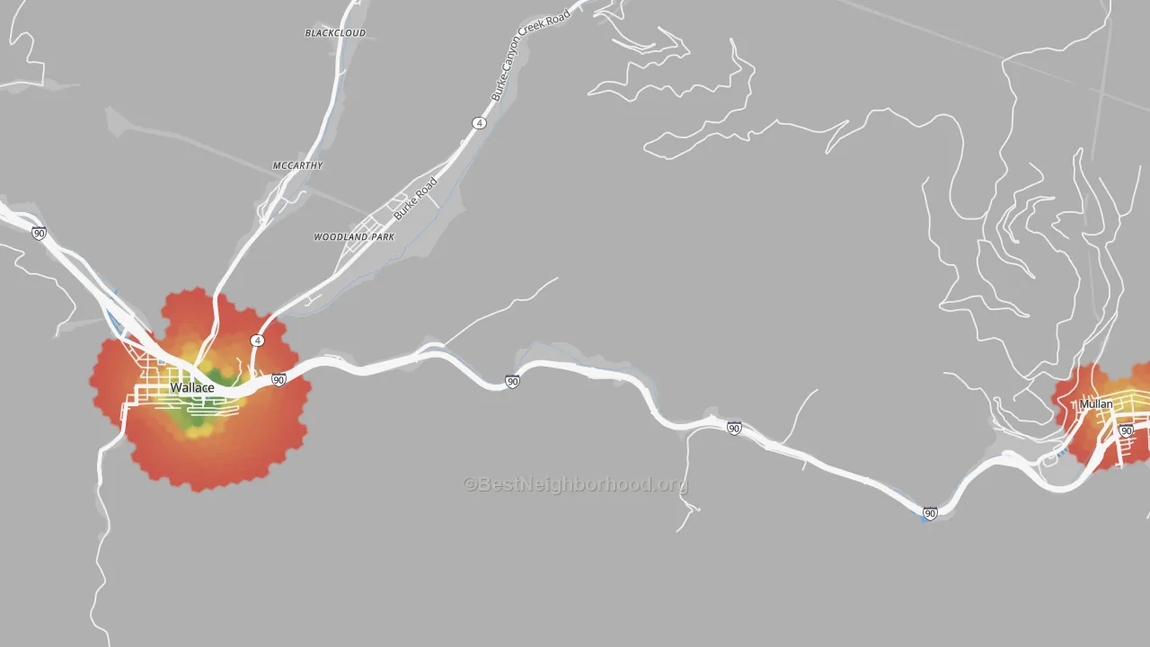 Walk Grade map of Woodland Park, ID, walkable areas in green and car-dependent areas in red